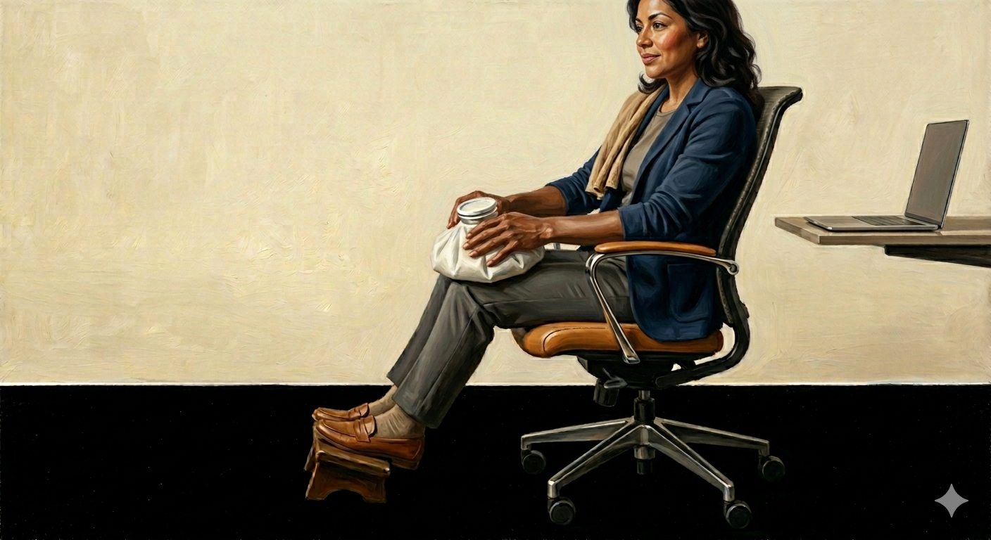 A woman sits in an office chair, ice pack resting on her knee, laptop open beside her.