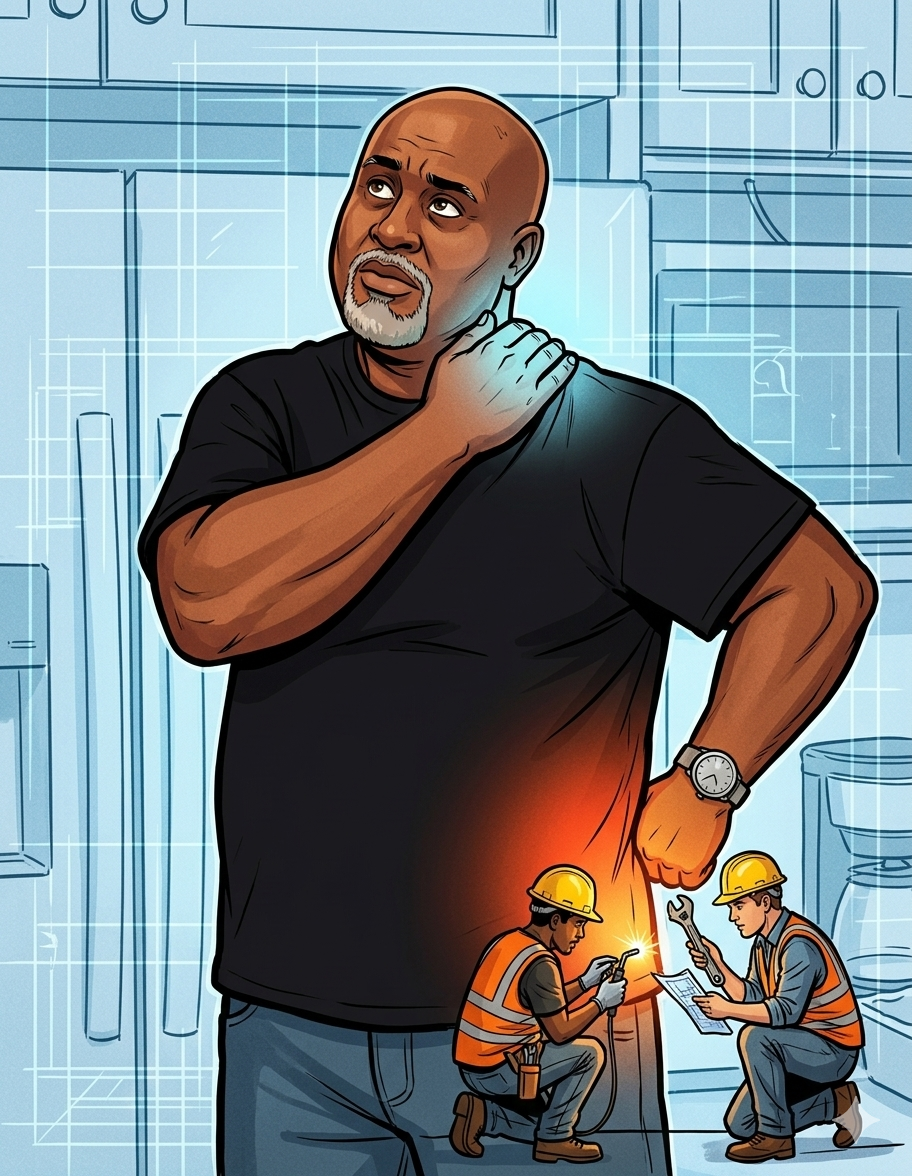 A man grabs his neck and lower back while two workers investigate the source of pain at his lower back — illustrating how pain location and pain source are rarely the same place.
