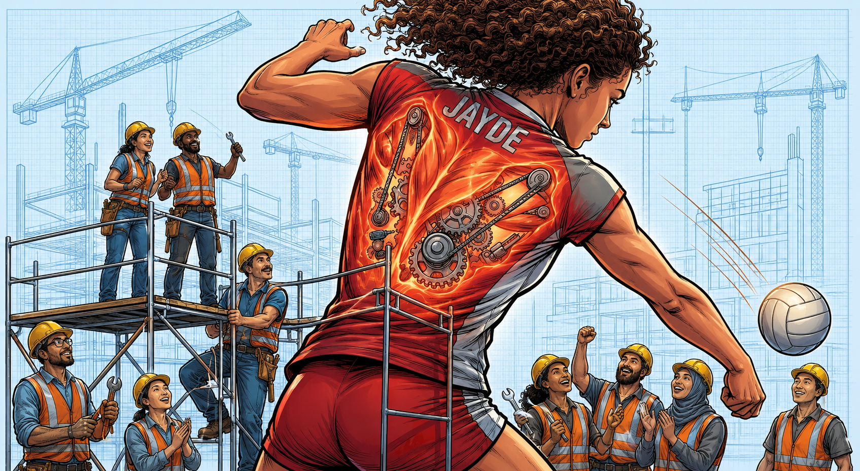 Body City illustration of the upper back neighborhood — volleyball player with construction workers responding to trapezius and upper back strain