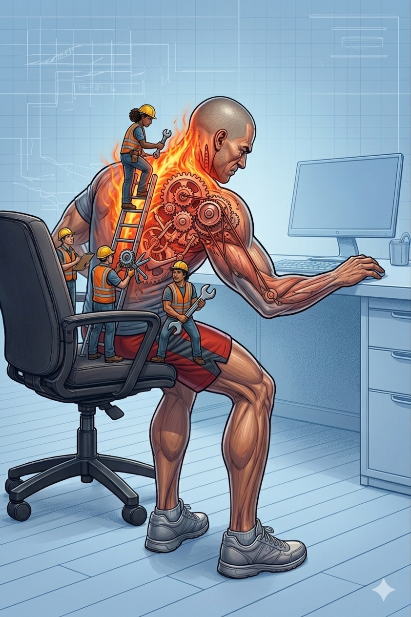 Office worker at a desk with shoulder strain visible — construction workers responding to the load on the shoulder and upper arm
