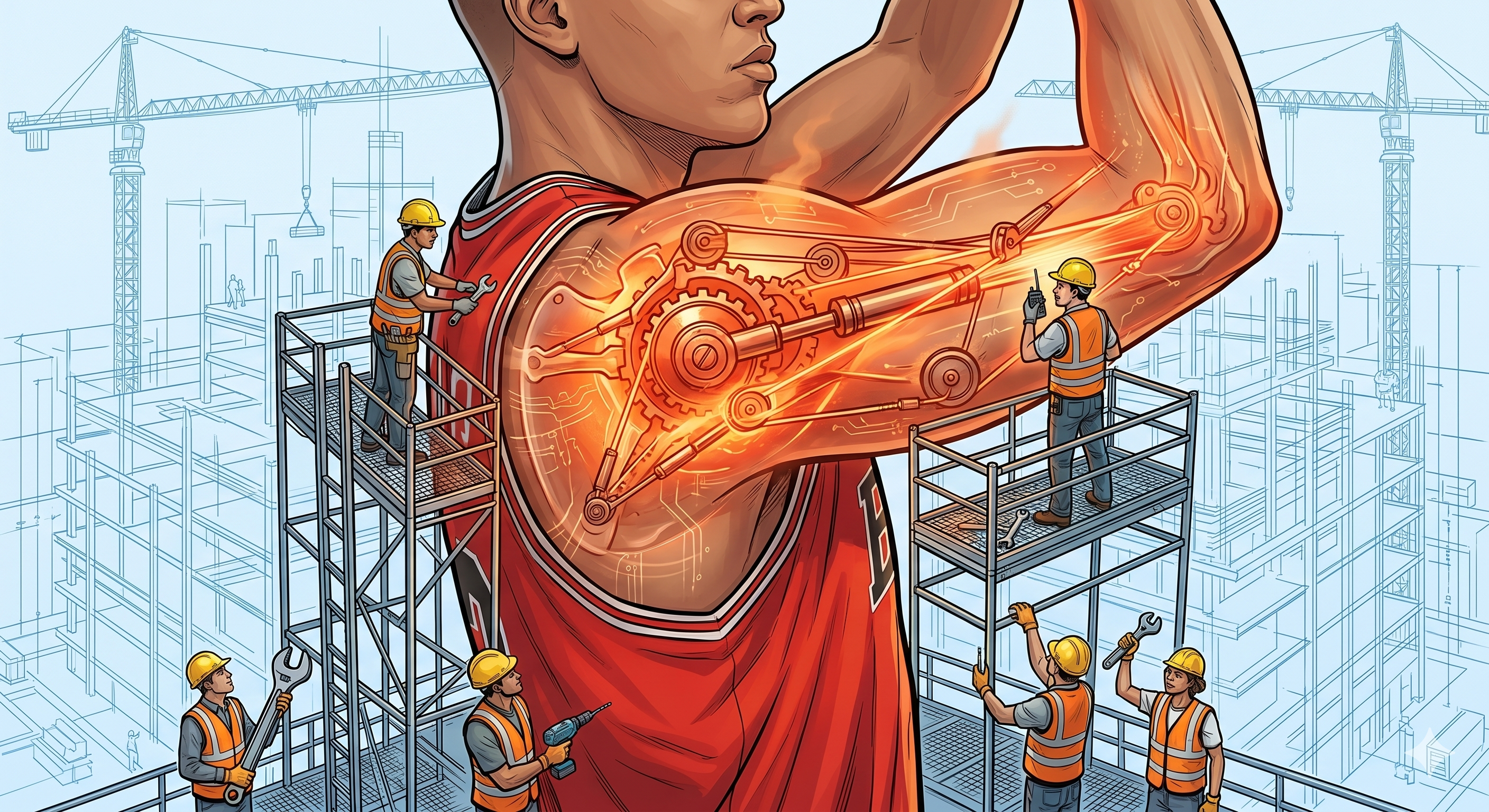 Body City illustration of the shoulder and arm neighborhood — construction workers responding to strain at the shoulder joint