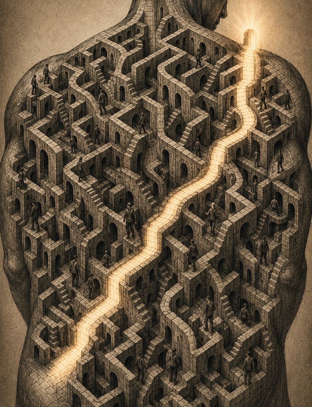 An Escher-style illustration of a human back rendered as an impossible architectural maze, with a glowing kinetic chain path running diagonally from the lower left hip to the upper right trapezius