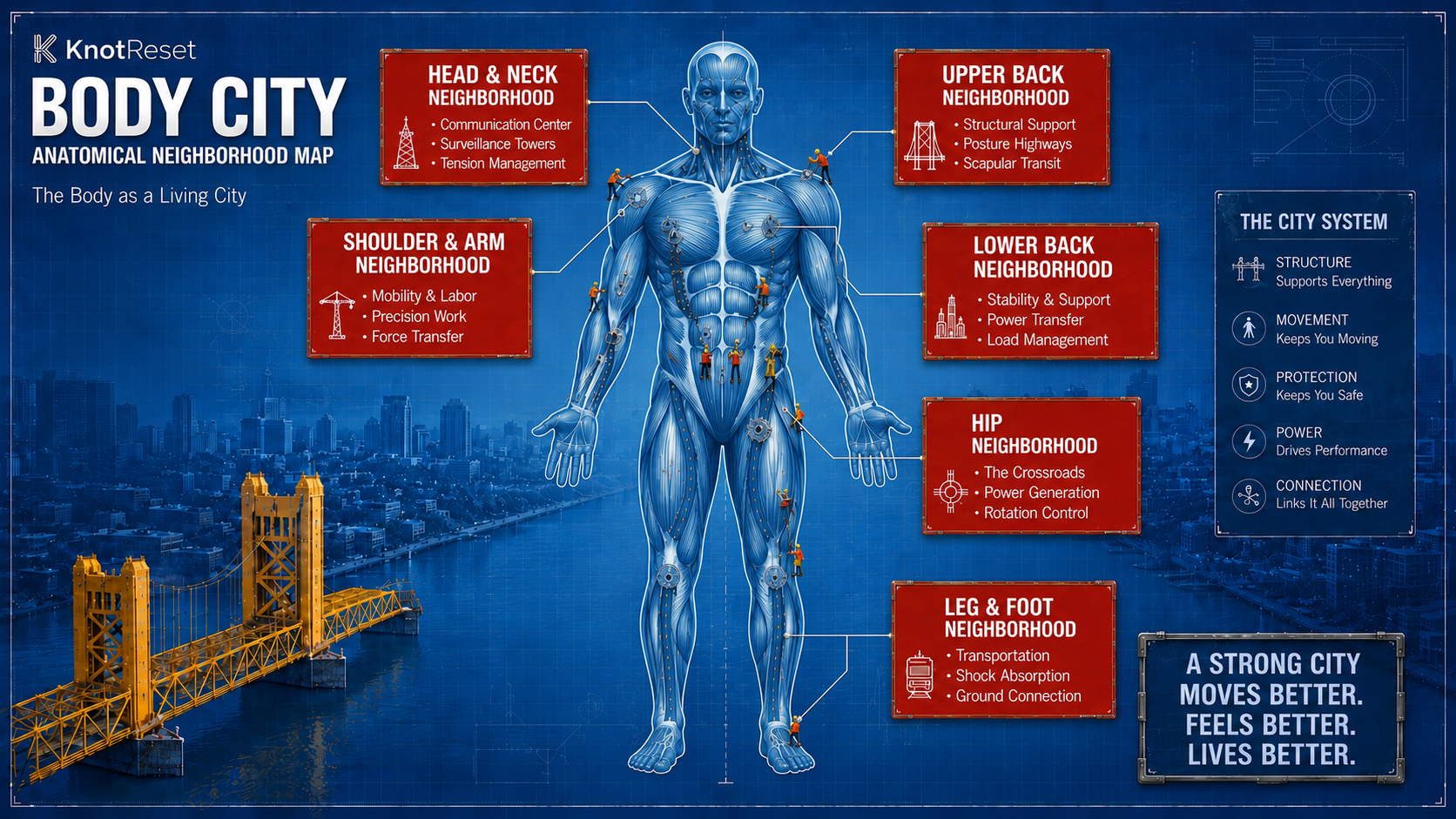 The Body City Anatomical Neighborhood Map by KnotReset, showing six neighborhoods: Head and Neck, Shoulder and Arm, Upper Back, Lower Back, Hip, and Leg and Foot.