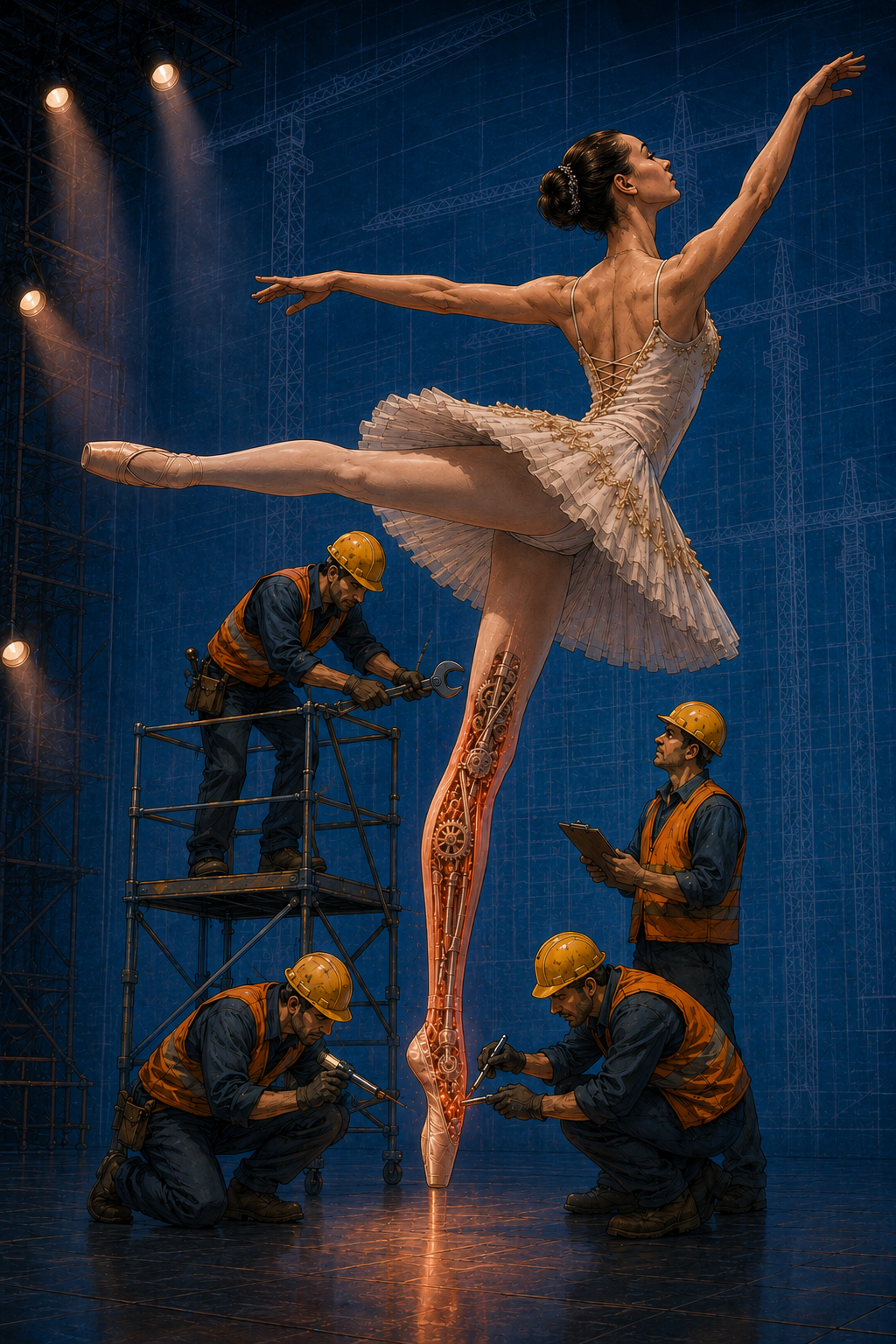 Body City illustration of the leg and foot neighborhood — ballerina on pointe with construction workers responding to ankle and calf strain