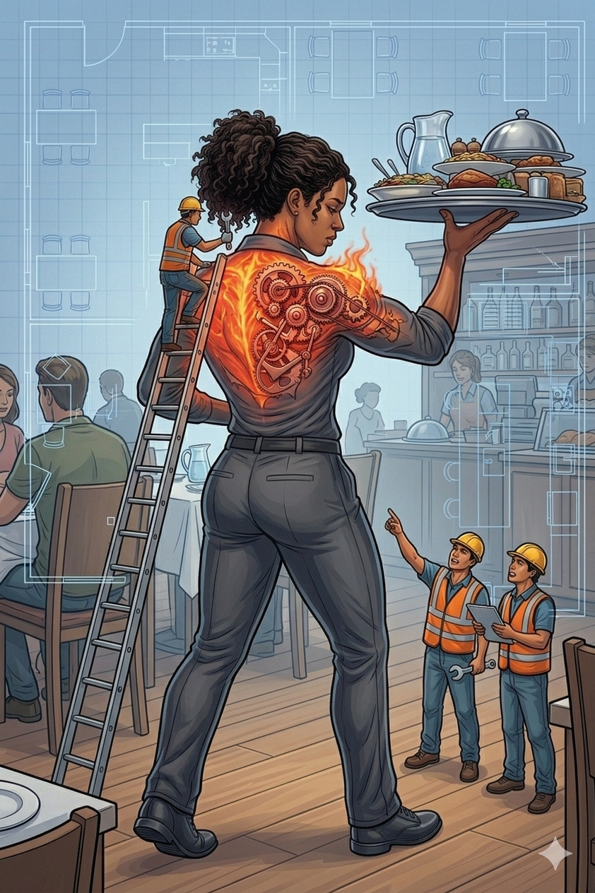 Restaurant server carrying a heavy tray with upper back and shoulder strain — construction workers responding to the uneven load