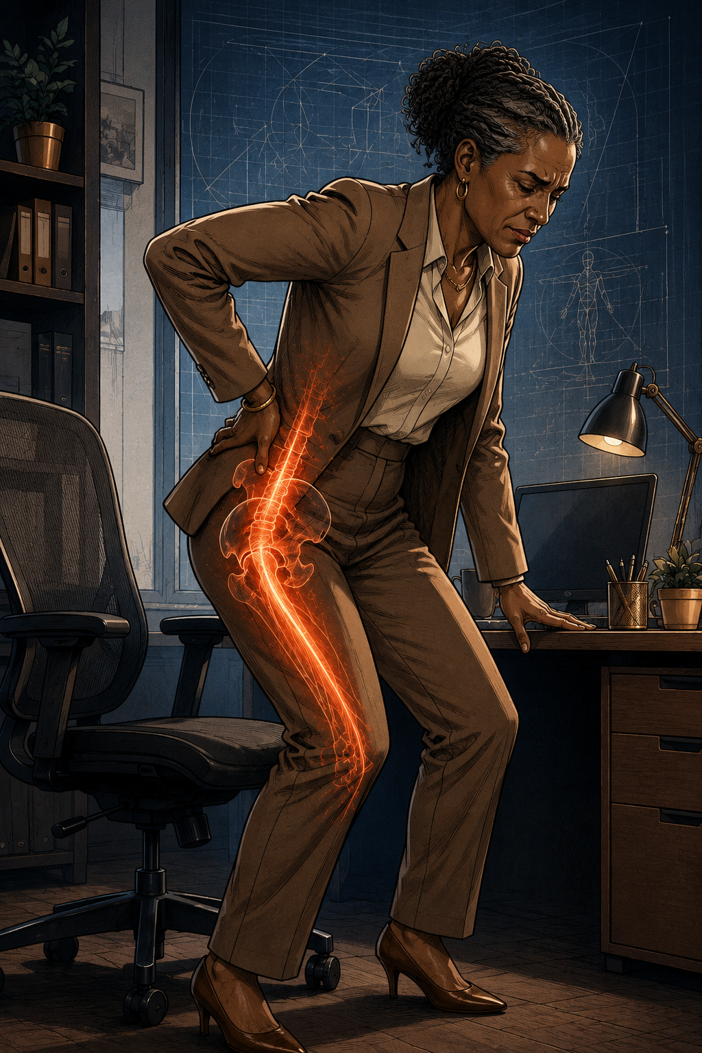 An African American woman in a business suit rising from her desk chair, hand on her lower back, with a glowing psoas line running from spine through pelvis to thigh — illustrating the one muscle behind lower back pain when standing.