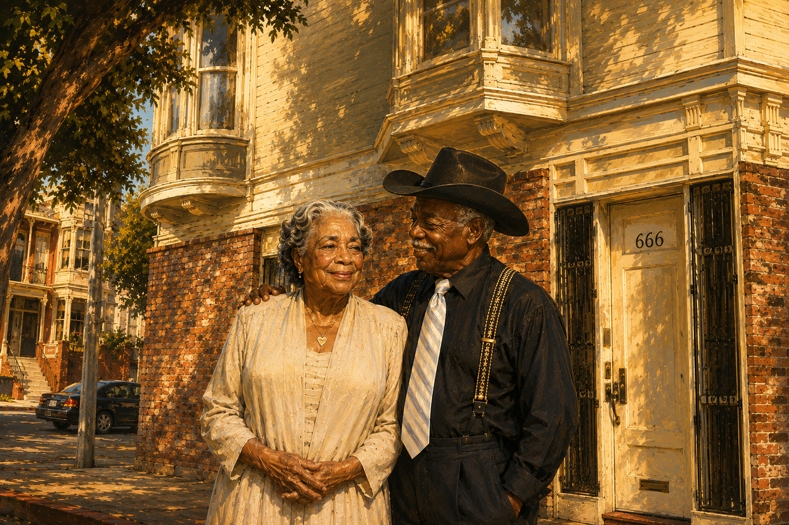 An elderly African American couple standing in front of their corner building in San Francisco — strong values, strong rules, soft hearts.