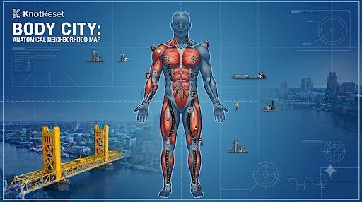 The Body City Anatomical Neighborhood Map by KnotReset, showing six neighborhoods: Head and Neck, Shoulder and Arm, Upper Back, Lower Back, Hip, and Leg and Foot.